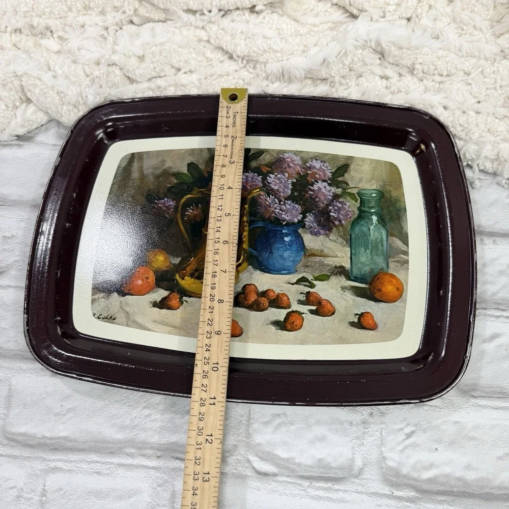 Vtg‎ Metal Autumn TV Food Trays Fruits Flowers  Farmhouse Cottagecore Set Of 8